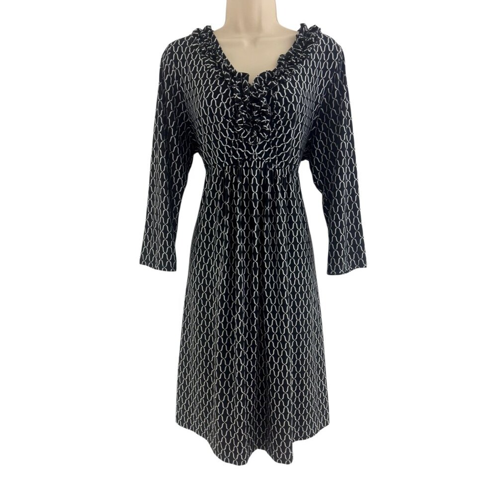 Soma Black & White Ruffled V-Neck Empire Waist Ultra-Soft Dress Size L Fall